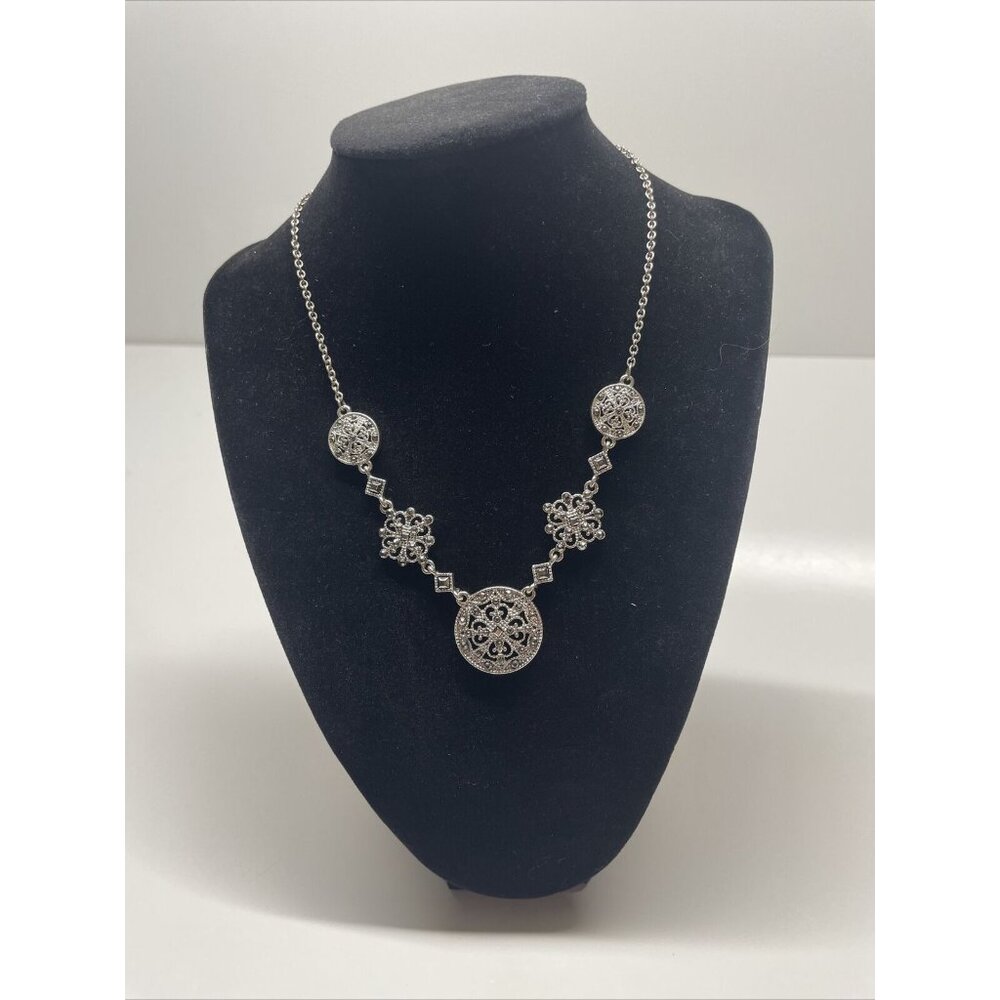 Crown Trifari Filigree 19” Silver Tone Necklace Marcasite Style Adjustable‎ VTG - Picture 9 of 10